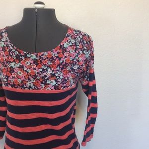 Anthropologie Floral and Striped Short Sleeve Top - Pink and Navy